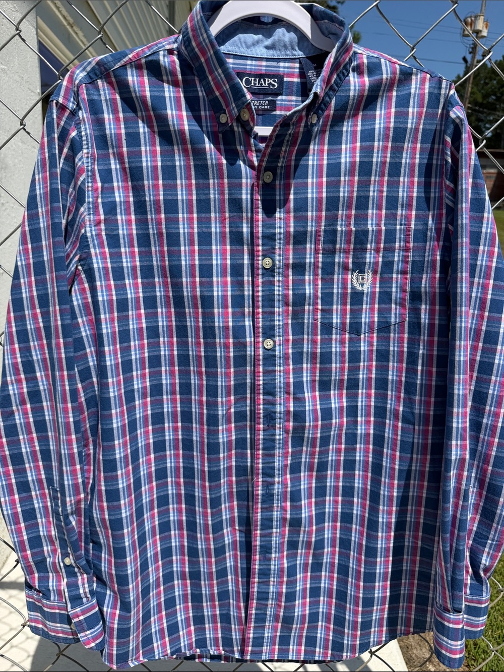 Chaps Men’s Blue and Pink Plaid Button-Down Shirt